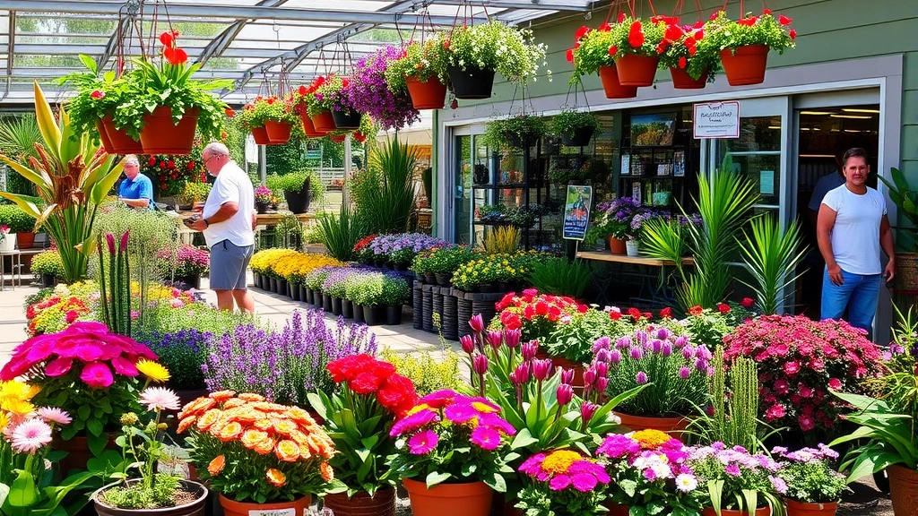 Vibrant Houston garden center outdoor display with colorful flowering plants, hanging baskets, and tropical species in full sun, customers browsing healthy plants