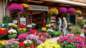 Vibrant Houston garden center storefront with customers browsing colorful blooming plants, hanging baskets, and flowering shrubs displayed outside