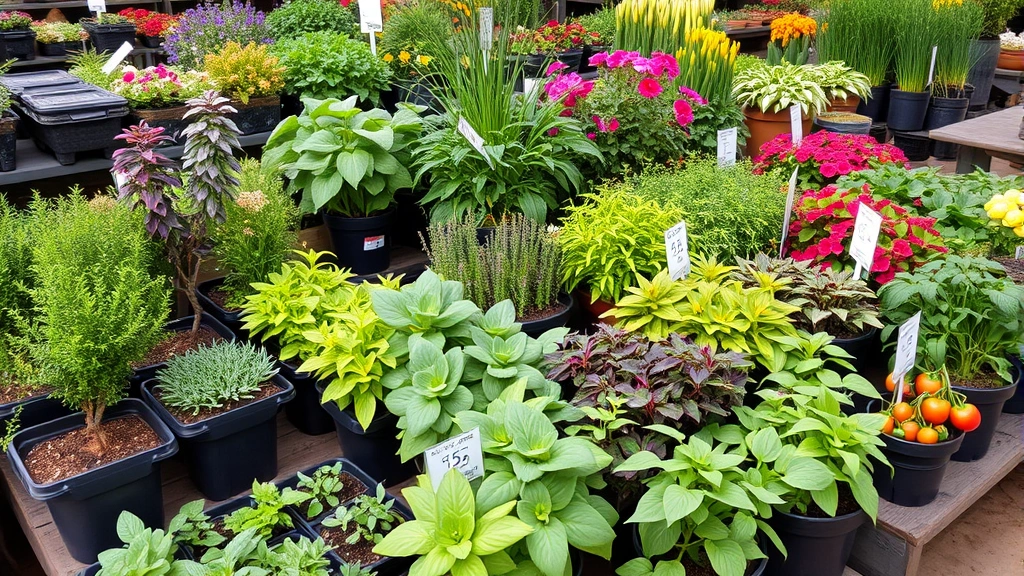 Close-up of diverse potted plants at garden center including native Texas plants, herbs, and vegetables arranged on benches with price tags visible