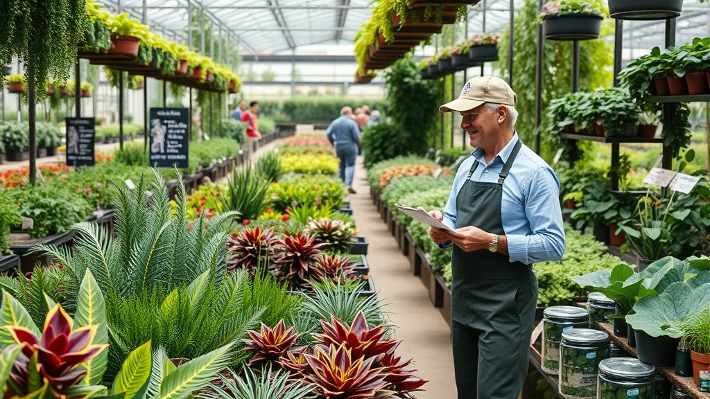 Garden center staff member assisting customer near rows of shade plants and foliage specimens, displaying knowledgeable service in professional nursery setting