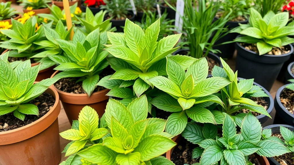 Close-up of healthy green plants with vibrant foliage in various containers at a garden center nursery