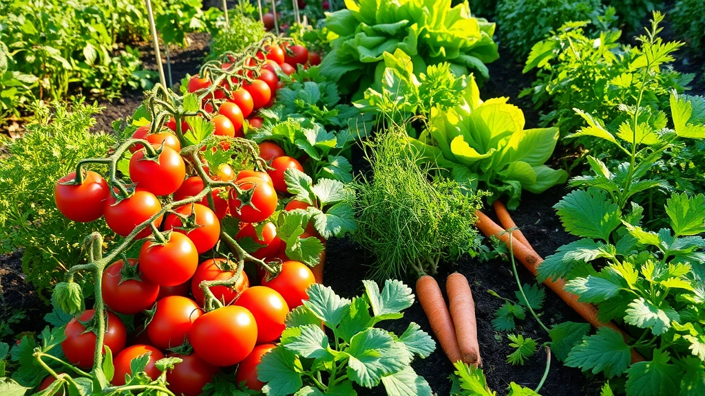 Lush vegetable garden bed with ripe tomatoes, carrots, lettuce, and herbs growing together in organized rows, morning sunlight, realistic gardening scene
