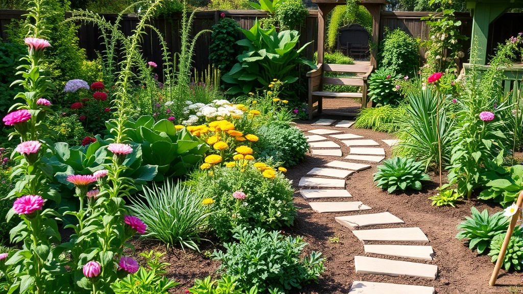 Diverse cottage-style garden with flowering plants, vegetables, and pathways designed for optimal movement and accessibility, natural lighting