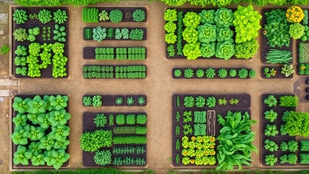 Overhead view of organized garden layout with different crop zones, seasonal plantings, and strategic spacing for maximum productivity and NPC pathways