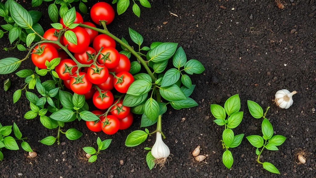 Overhead view of mature San Marzano tomato plants heavy with red fruit, basil plants with vibrant green leaves, and garlic plants with visible bulbs emerging from rich dark soil in organized garden bed rows