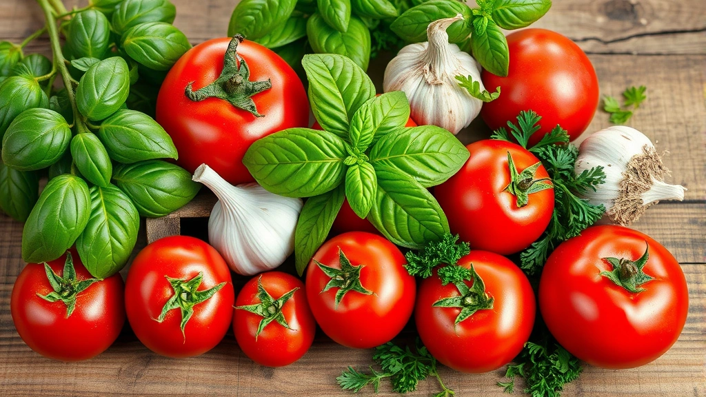 Vibrant arrangement of fresh pasta garden ingredients: heirloom tomatoes in various red shades, fresh basil leaves, whole garlic bulbs, dried oregano sprigs, and fresh parsley arranged on rustic wooden surface