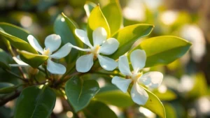 Close-up of Camellia sinensis tea plant with delicate white flowers and glossy green leaves in morning light, showing the plant's natural beauty and flower structure