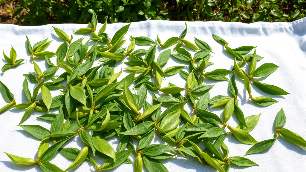 Freshly harvested tea leaves displayed on clean white cloth for sun-drying, showing the two leaves and bud picking method with morning dew still present