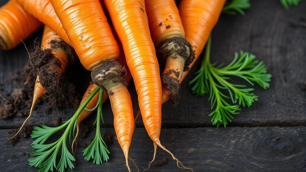 Close-up of vibrant orange nantes carrots with soil still clinging to roots, displayed on dark wooden surface with green leafy tops partially visible