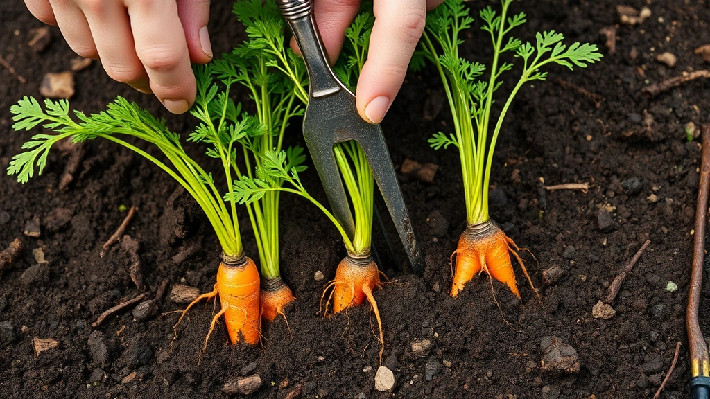 Gardener's hands loosening rich, dark garden soil with a hand fork around young carrot seedlings showing orange roots beginning to develop