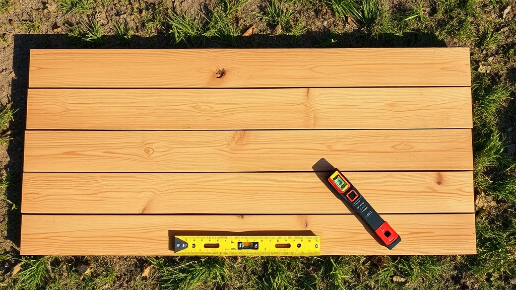 Wide overhead view of cedar wood boards arranged in rectangle formation on cleared grass ground with measuring tape and level tool visible, morning sunlight casting shadows
