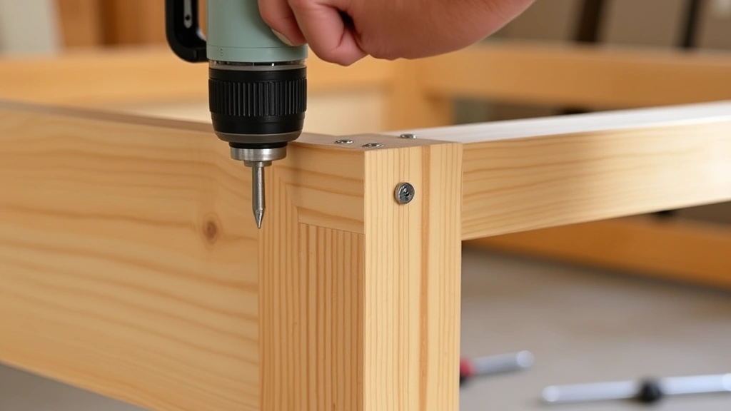 Close-up of hands using power drill to install wood screws at corner joint of raised bed frame, showing proper screw angle and placement technique