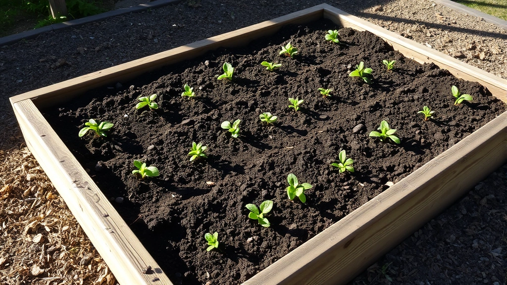 Finished raised garden bed filled with rich dark soil and compost mixture, freshly planted with seedlings and mulched surface, morning sunlight illuminating the beds