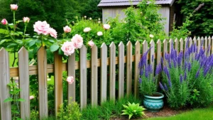 Rustic wooden picket fence surrounding lush cottage garden with flowering roses and lavender plants growing alongside fence line