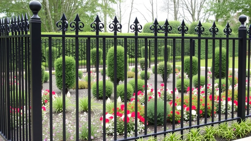 Modern metal wrought iron fence with ornamental details bordering formal garden beds containing structured topiary and blooming perennials