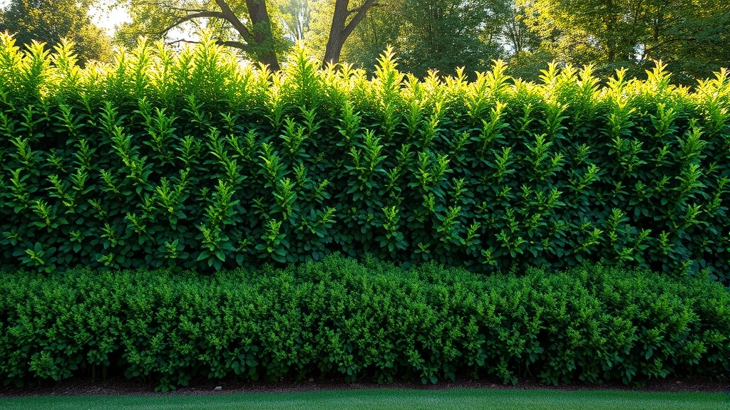 Natural living fence created from dense green hedgerow with mature shrubs forming garden boundary, morning sunlight filtering through foliage