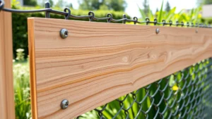 Close-up of vinyl fence skin texture showing wood grain pattern being installed on chain-link fence with stainless steel fasteners, natural daylight, garden background with green plants