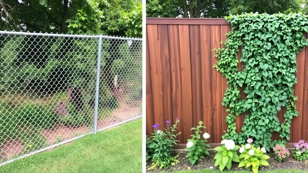 Before and after garden fence transformation: left side shows weathered chain-link fence, right side displays same fence with rich brown wood-grain vinyl skin installed, featuring climbing ivy and flowering plants in front
