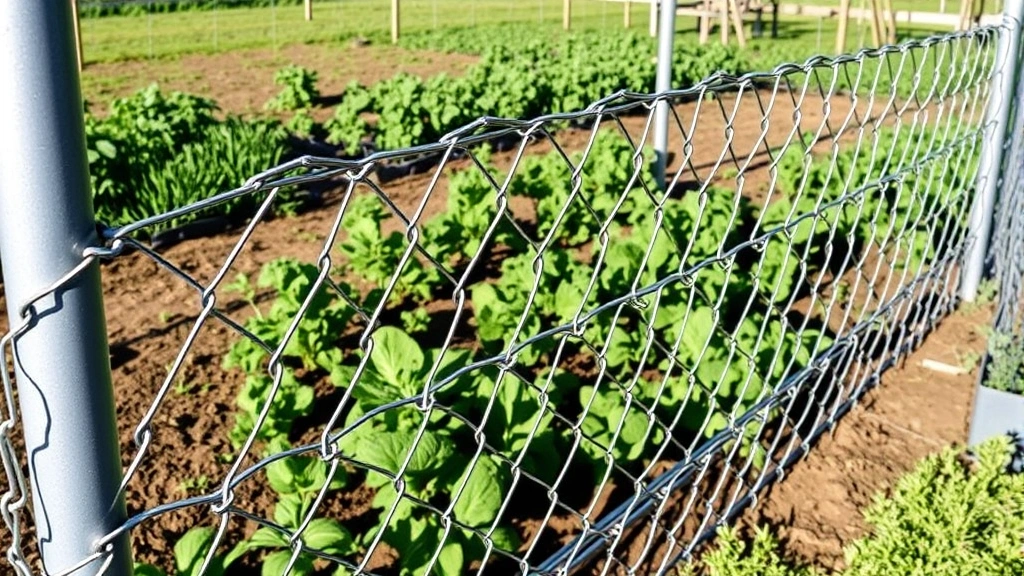 Sturdy galvanized chain-link garden fence with metal posts surrounding a vegetable garden bed, showing proper height and tension, afternoon sunlight casting shadows