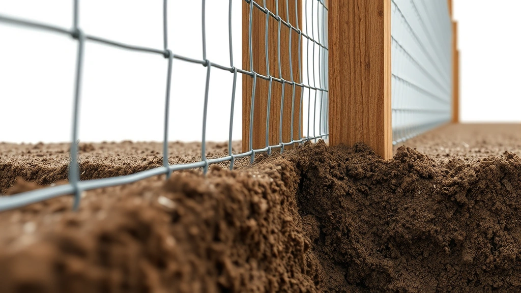 Close-up of buried fence section with welded wire mesh extending underground at ninety-degree angle outward, showing soil compaction and proper installation technique
