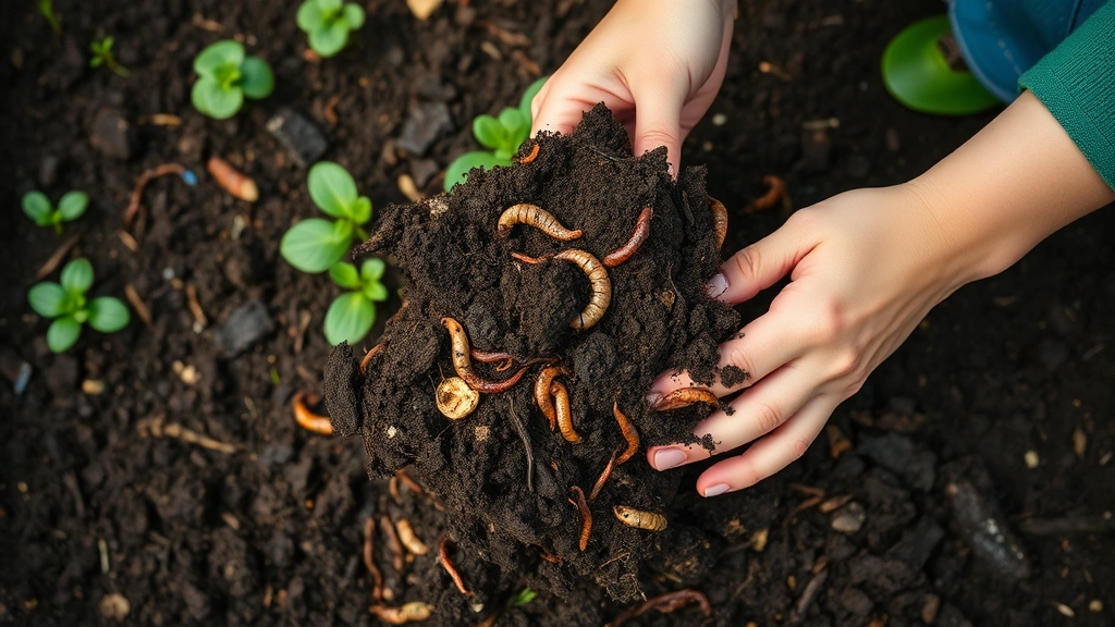 Overhead view of rich dark composted garden soil with earthworms and organic matter visible, gardener's hands working compost into raised bed with green seedlings in background