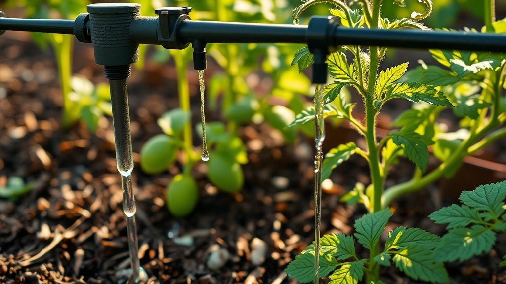 Drip irrigation system delivering water directly to tomato plants in garden bed with mulch, morning sunlight visible on water droplets and green foliage