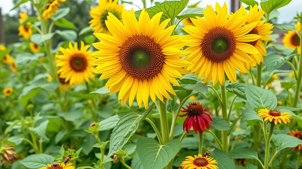 Diverse companion garden with tall sunflowers providing shade for lettuce below, basil plants interspersed, beneficial insects on flowers, vibrant healthy plant growth