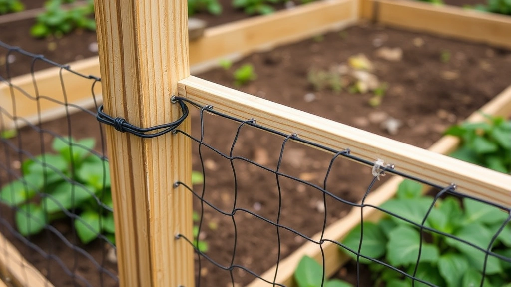 Close-up of 1/4-inch hardware cloth fence installation around vegetable garden beds, showing secure attachment to wooden frame and proper installation technique
