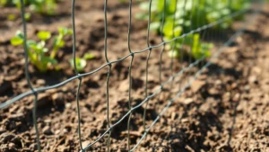Close-up of sturdy quarter-inch hardware cloth fence installation around a raised vegetable garden bed with soil visible, showing proper burial and overlap of fence sections in morning sunlight