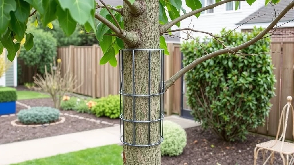 Metal tree guard protector sleeve installed on fruit tree trunk extending 6 feet high, with pruned branches visible, demonstrating effective climbing prevention in a residential garden setting