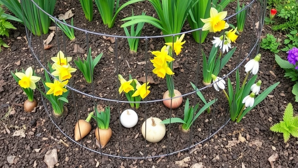 Assorted squirrel-resistant spring bulbs including daffodils and fritillaria planted in garden soil with protective wire cage visible, showing natural deterrent planting strategy in a mixed flower bed