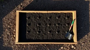 Overhead view of completed wooden raised garden bed filled with dark rich soil, surrounded by mulched pathways, morning sunlight casting shadows across the bed, gardening tools resting nearby
