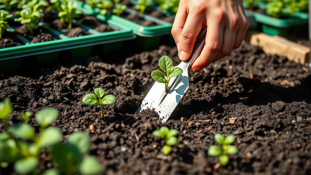 Close-up of hands planting seedlings in raised bed with trowel, rich compost visible, green seedling trays in background, natural daylight