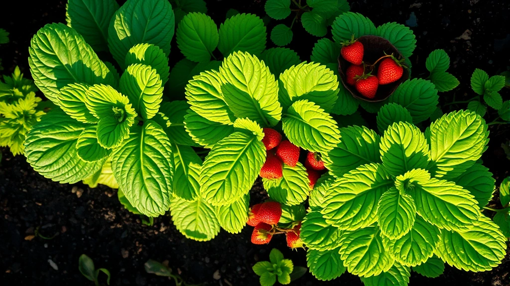 Overhead view of a vibrant raised garden bed with mature spinach, kale, and strawberry plants growing together, morning sunlight illuminating the green foliage and ripe red berries, rich dark soil visible between plants, water droplets on leaves