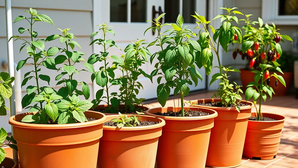 Organized container garden on a sunny patio with multiple pots containing basil, mint, pepper plants, and berry plants at different heights, drip irrigation system visible, lush green growth, kitchen door in soft background