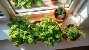 Overhead view of vibrant fresh herb garden in terra cotta pots arranged on a sunny windowsill, featuring basil, rosemary, thyme, and oregano with morning sunlight creating shadows, photorealistic style