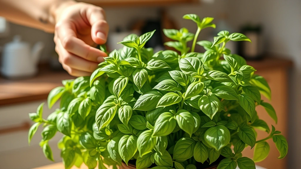 Close-up of hands gently harvesting fresh basil leaves from a healthy, bushy potted basil plant on a bright kitchen counter with natural daylight streaming in