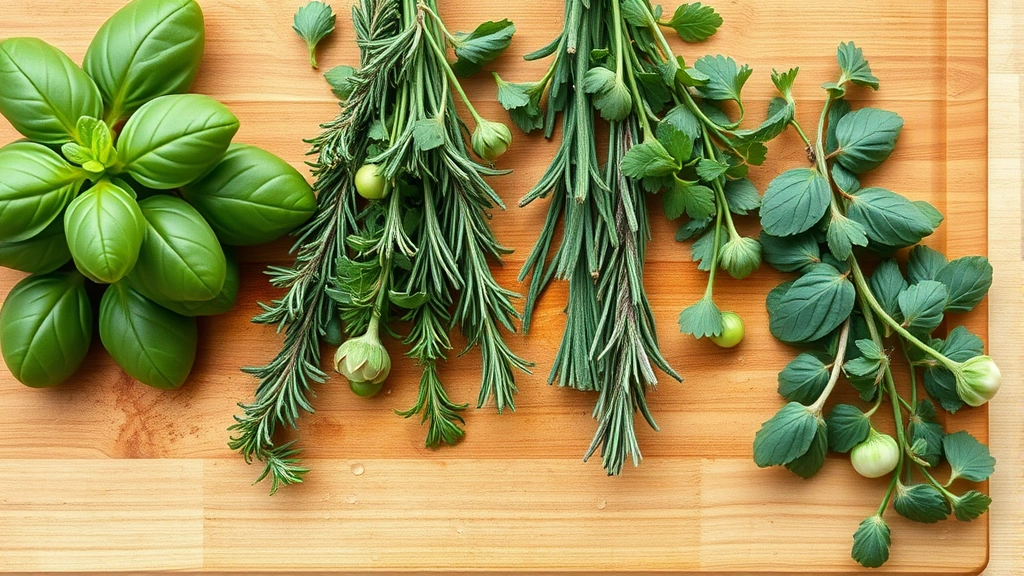 Rustic flat lay composition of freshly harvested herbs—basil, thyme, rosemary, and oregano—arranged on a wooden cutting board with water droplets, ready for culinary use
