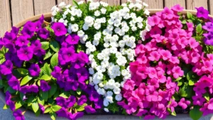 Overhead view of a vibrant flower bed with purple petunias, white alyssum, and pink impatiens arranged in perfect height layers, sunlit afternoon