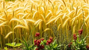 A lush home garden with golden-ripening grain crops including oats and barley stalks swaying in wind, with berry bushes and herb plants in foreground under bright sunlight
