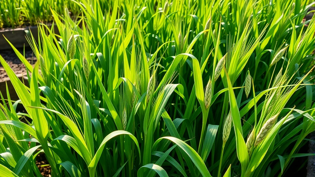 Wide shot of lush green oat plants growing in raised garden beds with mature tillers and developing seed heads, morning sunlight filtering through leaves, healthy foliage visible