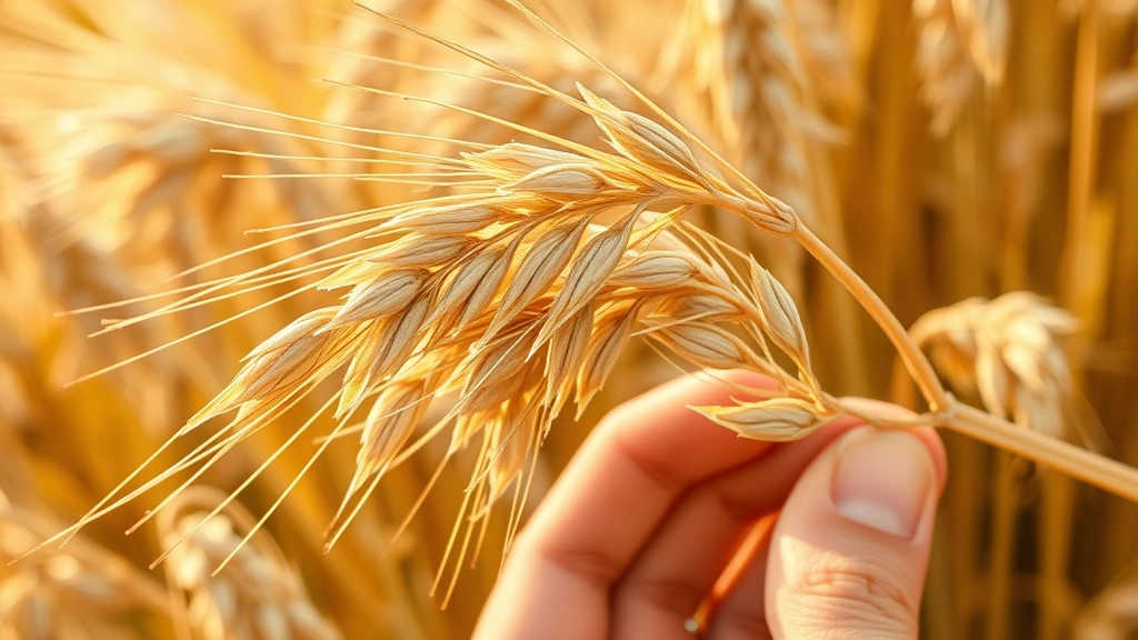 Close-up of golden-brown mature oat seed heads ready for harvest, individual grains visible with natural warm lighting, hand holding dried stem for scale