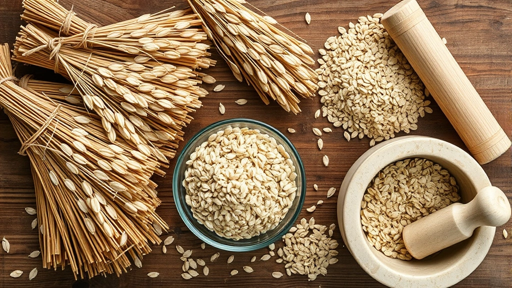 Overhead view of harvested oat bundles arranged on wooden surface, dehulled oat groats in glass bowl, rolling pin and mortar and pestle for processing visible nearby