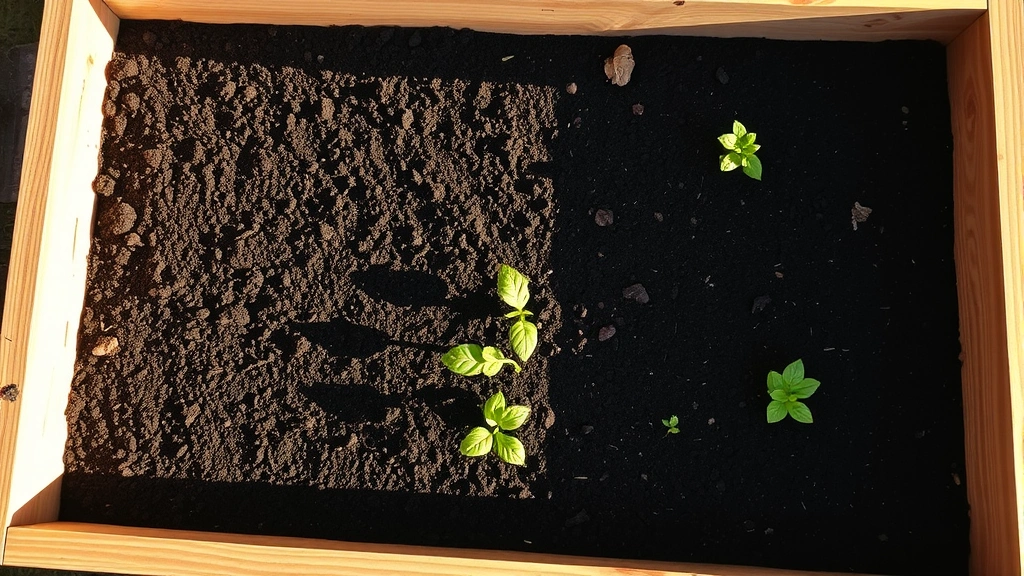 Overhead view of completed raised garden bed filled with rich dark soil, wooden frame construction, morning sunlight casting shadows, vegetable seedlings starting to emerge from soil