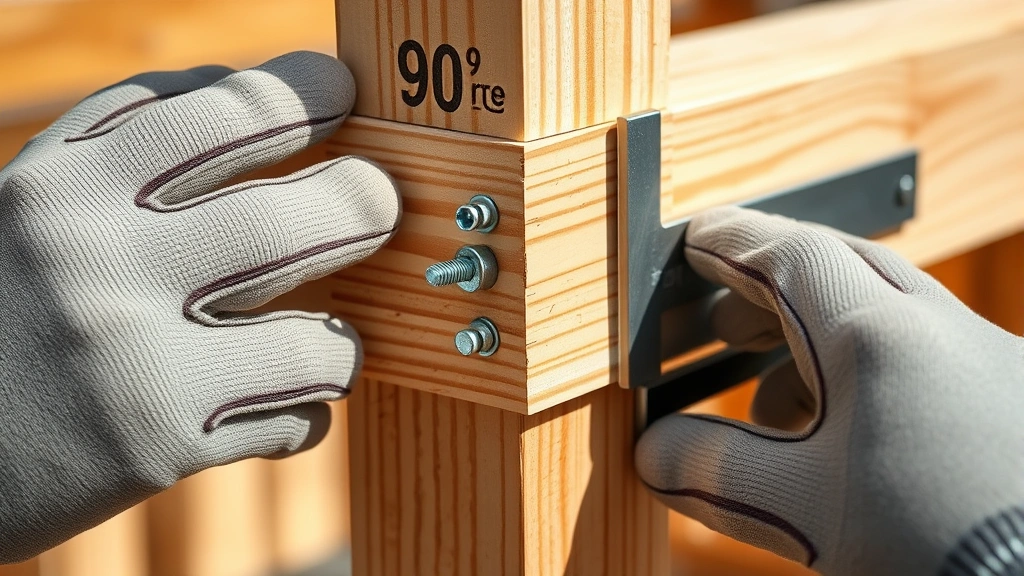 Close-up of corner joint assembly showing galvanized screws being driven into cedar wood frame, hands wearing work gloves, carpenter's square visible ensuring 90-degree angle, natural lighting