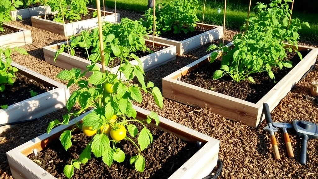 Finished raised garden bed garden with multiple beds in rows, drip irrigation installed, mulched surface, tomato plants with stakes, green healthy foliage, afternoon sunlight, garden tools leaning nearby