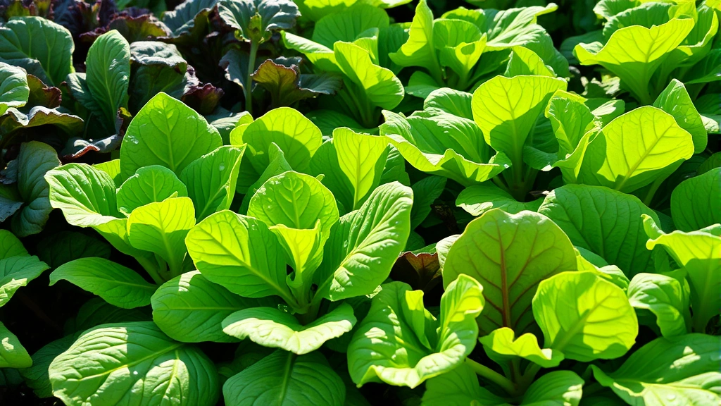 Vibrant garden bed with lush spinach, kale, and chard leaves in morning sunlight, water droplets visible on foliage