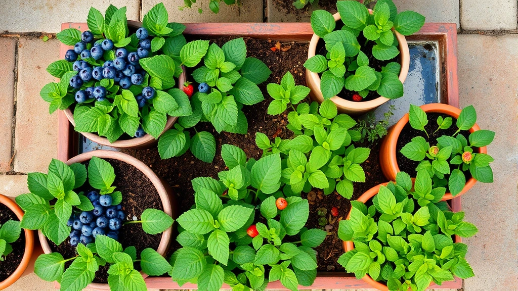 Overhead view of mixed container garden with blueberry bushes, strawberry plants, and mint in decorative pots on patio