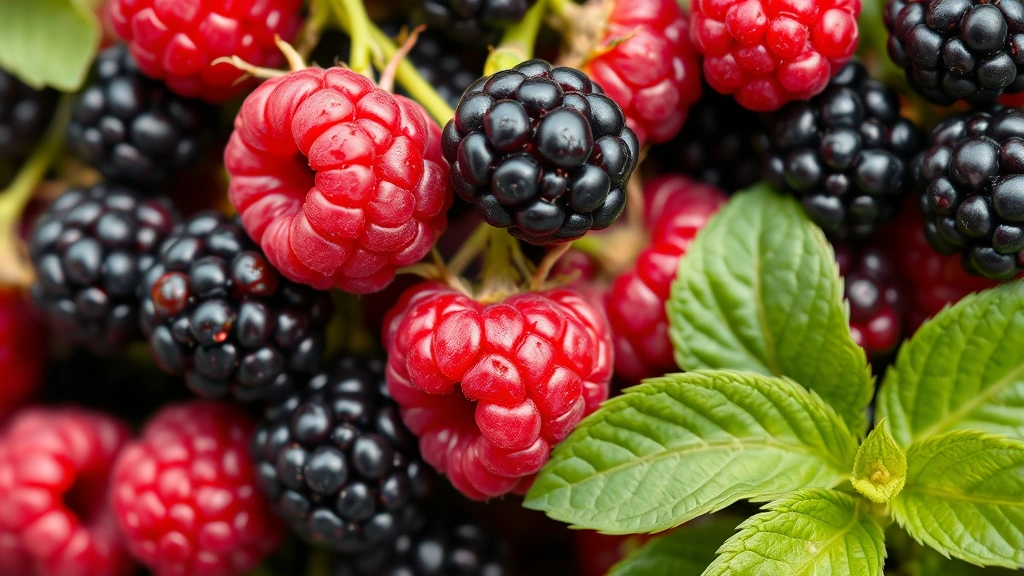 Close-up of ripe raspberries and blackberries clustered on green canes with fresh mint leaves nearby