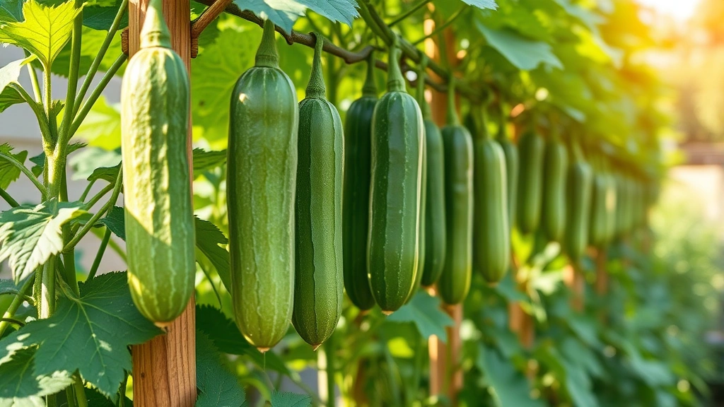 Japanese cucumber plants climbing vertical trellis with long thin green fruits, lush foliage, morning sunlight, garden setting